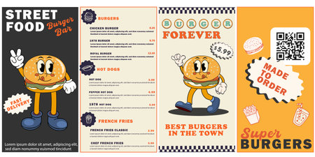 Burger retro cartoon fast food posters and cards. Comic character slogan quote and other elements for burger bar cafe restaurant. Menu, invitation, stories template. Groovy vectorのイラスト素材