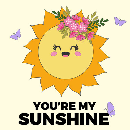 You are my sunshine cute cartoon sun character retro groovy illustration. Vector Smiling Flower Icon. Vintage slogan t shirt print design in style 60s, 70sのイラスト素材