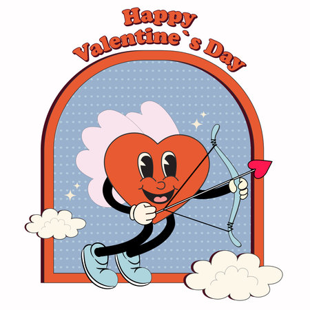 Retro groovy cartoon lovely heart character Valentines Day. Heart cupid with bow and arrow. For poster, card, print, and itc. Trendy retro 60s 70s style.のイラスト素材