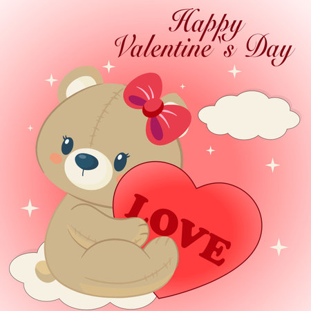 Cute cartoon bear with red heart. Love concept. Happy Valentines day greeting card. Funky background in trendy cartoon style. Vector illustrationのイラスト素材