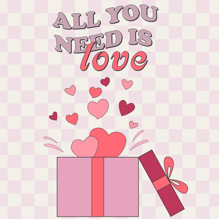 Retro groovy valentines day greeting card with box. Love concept. Happy Valentines day. Valentines day. Funky happy heart character in trendy retro 60s 70s cartoon style. For postのイラスト素材