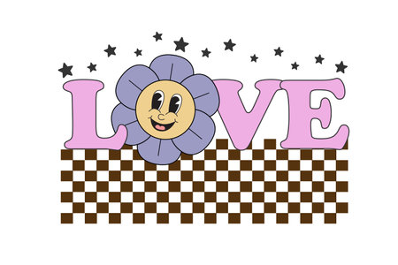 Groovy lovely posters with hearts character. Love concept. Funky background in trendy retro 60s 70s cartoon style. For poster, card, print, and itc. Vector illustrationのイラスト素材