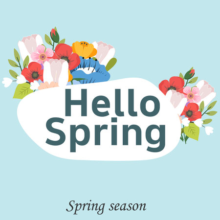 Hello spring vector greetings design. Spring text with colorful flower elements in blue background for spring season. For template, banners, wallpaper, flyers, invitation, posters,のイラスト素材