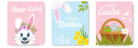 Set of trendy minimalist Easter posters with cute bunny, eggs, flowers and modern typography....