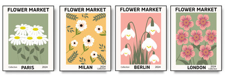 Set 1970 flowers market poster. Trendy botanical wall arts with floral design in bright colors. Modern naive groovy funky interior decorations, paintings. Vector art illustration.のイラスト素材