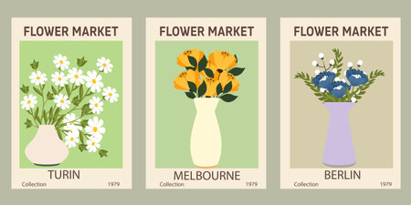 Set of different flower posters. Modern style, trendy pastel colors. Abstract daisy, poppy, marigold flowers. Vector colorful illustrations, perfect for wall art, cards, covers. Veのイラスト素材