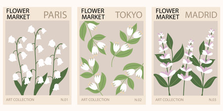 Set 1970 daisy flowers market poster. Abstract floral illustration. Poster for postcards, wall art, banner, background, for printing. Modern naive groovy funky interior decorationsのイラスト素材