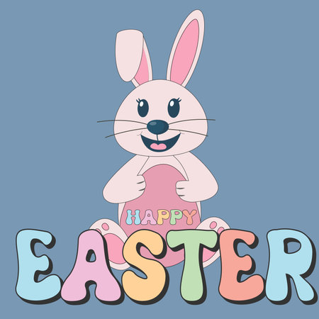Groovy hippie Happy Easter bunnie characters with Easter egg. Trendy Easter design with typography, flowers, eggs, in pastel colors. Spring holiday concept in trendy retro 60s 70sのイラスト素材