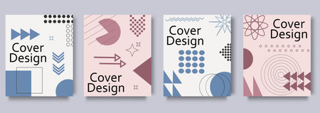 Geometric cover brochure set in flat design. Poster templates with abstract simple minimal forms of squares, circles, arrows, dots and halftone prints, curves and lines. Vector illのイラスト素材