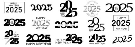 Set of 2025 Happy New Year logo text design. 2025 number design template. Collection of 2025 Happy New Year symbols. Vector illustration with black labelsのイラスト素材