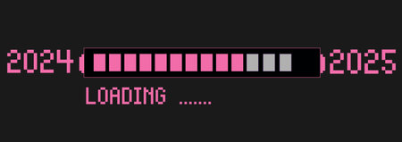 New year loading 2025, pixel progress bar isolated on black blackboard. Happy New Year greeting card...
