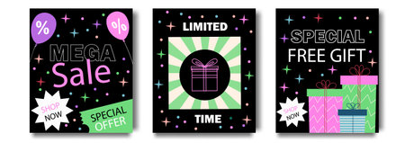 Mega Sale Poster or Banner. Colorful design with gifts and stars. Design sale for template, banners, wallpaper, flyers, invitation, posters, brochure, voucher discount. Vector illuのイラスト素材