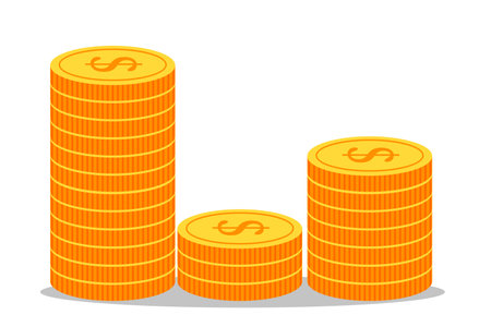 Golden coins stacks, dollar sign on gold, isolated on white, crowdfunding. Profit and credit symbol, business concept.のイラスト素材