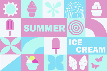 Geometric summer seamless pattern with ice cream. Summer vector background. Ice cream. Modern abstract concept for print, banner, fabric, card, wrapping paper, cover.のイラスト素材