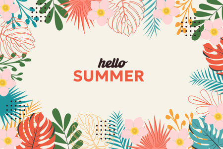 Summer abstract background, banner, poster with tropical leaves. Colorful background with tropical plants and flowers. Modern trendy colorful design. Vector template for social medicalのイラスト素材