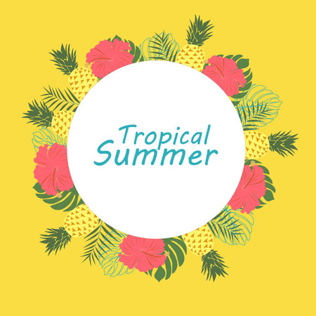 Tropical summer banner. Bright, colorful, yellow background of tropical leaves, pineapple and flowers. Creative, exotic, funny frame. Poster, message on the Internet, template, posのイラスト素材