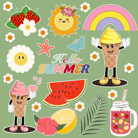 Summer, stickers set. Vector cartoon stickerpack groovy style. Funny psychedelic trendy 60s elements flat vector symbols illustration set. Retro hippie badges collectionのイラスト素材