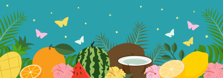 Hello summer banner background with tropical fruits and tropical leaves. Summer design for social...