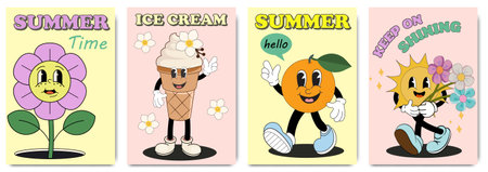 Set of summer greeting cards, posters or backgrounds in funky groovy style. Cartoon summer 60s, 70s vector illustrations with Ice cream, Orange, Daisy, The sun character. Retro hipのイラスト素材