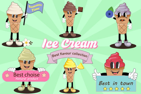 Ice Cream groovy characters set with different tastes and motivational quotes. Vector illustration. Funny dessert mascot in retro style Nostalgia 60s, 70s, 80s.のイラスト素材
