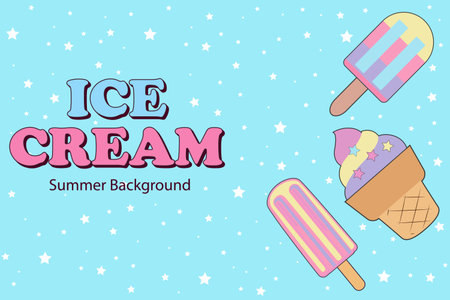 Ice cream summer background. Summer ice cream dessert. Wallpaper concept. Summer party banner. Summer festival design, bar menu, tropical backgroundのイラスト素材
