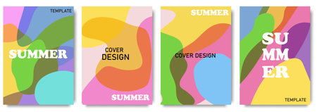 Creative concept of summer bright and juicy cards set. Modern abstract art design with liquid shapes with overlay effect. Templates for celebration, ads, branding, banner, cover, lのイラスト素材
