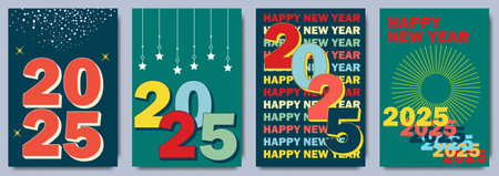 Creative concept of 2025 Happy New Year posters set. Design templates with typography logo 2025 for celebration and season decoration. Minimalistic trendy backgrounds for branding,のイラスト素材