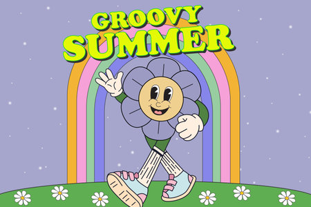 Retro cartoon walking Flower mascot character and groovy summer lettering illustration for t-shirt print or poster design. Design for greeting card, fashion, commercial, banner. Veのイラスト素材