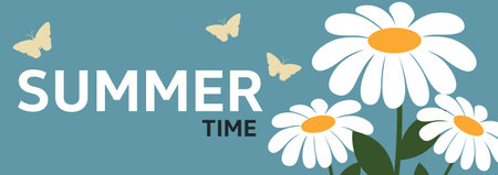 Hello summer. Summer abstract background, banner, poster with daisies and leaves. Summer leaves. Modern trendy colorful design. Template for advertising, web, social media.のイラスト素材