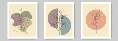 Botanical Wall Art Set with Line Drawing Leaves and Organic Shapes. Modern Foliage Line Art Drawing. Abstract Creative Wall Art Design for Print, Poster, Cover. Minimalist Boho Posのイラスト素材