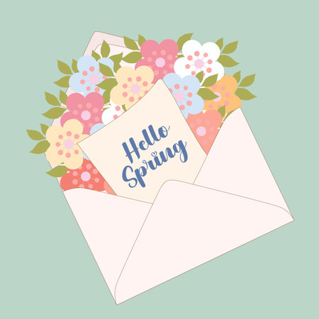Envelopes with flowers, floral bouquets inside envelope. Spring summer congratulation concept. Clipart for greeting card, invitation, wedding decorationのイラスト素材