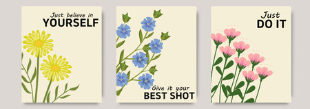 Retro beautiful botanical posters set. Contemporary botanical wall art with motivational quotes. Hand drawn design for wallpaper, wall decor, print, postcard, cover, template, bannのイラスト素材