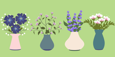 Vases with colored blooming flowers set. Blooming leaves, garden decor with botanical elements. Design for greeting cards, banners, invitations, posters. Herbal element.のイラスト素材