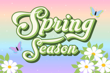 Spring seasonal background with long horizontal border with butterfly, spring flowers and colorful...