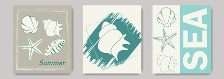 Summer Poster template with sea shells. Trendy hand drawn design for wallpaper, wall decor, print, flyer, cover, template, banner, poster, etcのイラスト素材