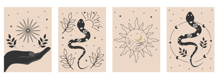 Boho celestial magic art with woman hands, moon, sun, stars, planets, snake. Contemporary illustration poster card sticker in playful bohemian style. Mystic cosmic tarot aesthetic.のイラスト素材