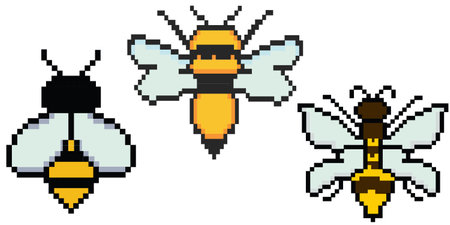 Bee pixel art. Vintage 8 bit, 80s, 90s game style, computer arcade game items. Pixelated mosaic retro game style.のイラスト素材