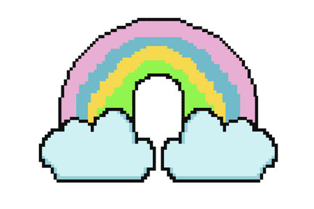 Pixeled rainbow. Summer vacation icons set in pixel art design isolated on white background, 8 bit 80s-90s, digital vintage game style.のイラスト素材