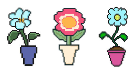 Set of summer Pixel art flowers. Vintage 90s gaming 8 bit icon of chamomile, clover, daisy. 8 bit sprite. Game development, mobile app. Isolated vector illustration.のイラスト素材