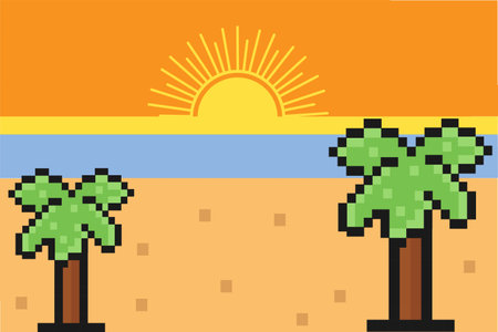Pixel Summer vacation landscape. Palm trees at sunset in pixel art style. 8 bit landscape of palm trees on the shore in the style of 90s video games. Design for print, banner and aのイラスト素材