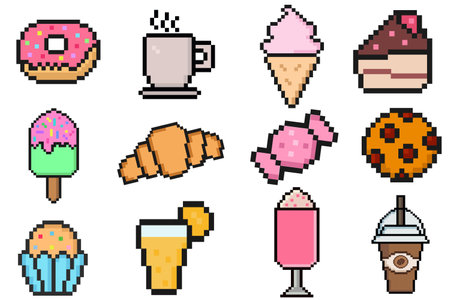 Sweet food pixel art set of icons, fast restaurant pixelated elements croissant, donuts, ice cream, cake, coffee, orange juice, milkshake. Vintage game development mobile app assetのイラスト素材