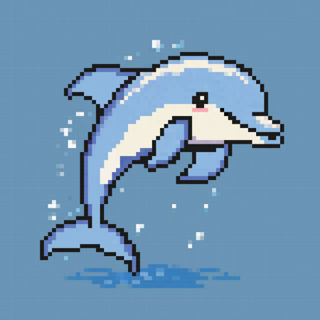 Pixeled Cartoon Dolphin character. Summer vacation icons set in pixel art design isolated on blue background, 80s-90s, digital vintage game style.のイラスト素材