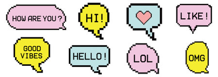 Pixel art dialogue box, acronym word. Speech bubbles in the mood of 90's aesthetics. Vector 8-bit retro style illustration set. 8 bit, 80s, 90s games, computer arcade gameのイラスト素材