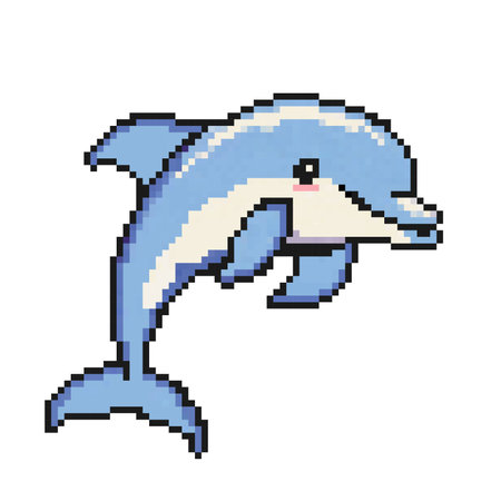 Pixeled Cartoon Dolphin character. Summer vacation icons set in pixel art design isolated on white background, 80s-90s, digital vintage game style.のイラスト素材