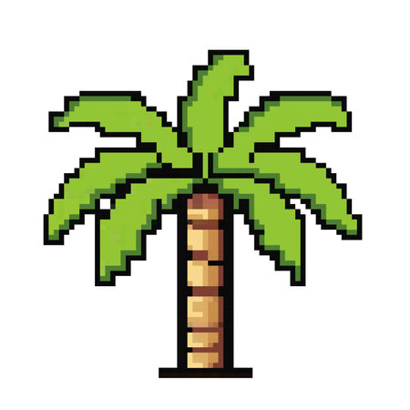 Summer vacation pixel art travel art icon palm tree. 80s, 90s old arcade game style, journey, trip. Palm tree pixel art icon 8-bit sprite palm. Digital vintage game style.のイラスト素材