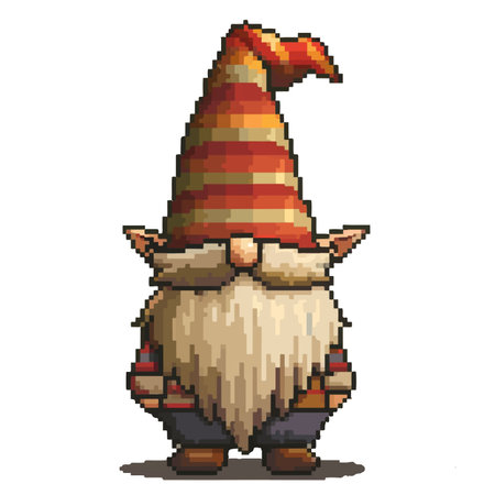 Pixel cartoon garden gnome. Gnome icons set in pixel art design isolated on white background, 80s-90s, digital vintage game style.のイラスト素材