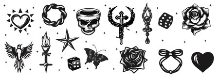 Y2k symbols, goth chain, heart, flame, bow, mouth, butterfly knife, mouth, blackthorn, blade, broken mirror. Y2k aesthetic set. Tattoo art signs of 2000s style. Gothic tattoo stickのイラスト素材