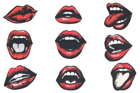 Red lips and mouth photocopy effect, for grunge punk y2k collage design. Elements in stipple halftone brutalist retro design. Vector illustration for vintage music poster or bannerのイラスト素材
