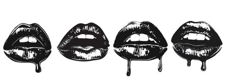 Chrome lip set, modern y2k melt drip, retro bitmap collage printed collection. Futuristic grain dot photocopy effect, glossy metal object, contemporary pop art. Halftone lipsのイラスト素材
