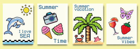 Creative concept of summer bright cards set in pixel art with dolphin, Ice cream, watermelon, palm. Modern art design templates for celebration, ads, party, event banner, cover, laのイラスト素材